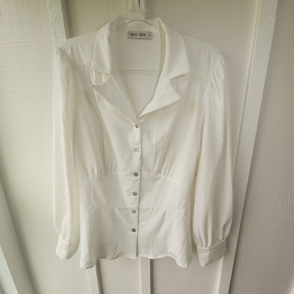GRACE KARIN Women's Office Button Up Blouse Roushing White Shirt Sinched Size XL